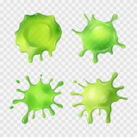 Liquid neon green slime blot. Set of realistic slimy stains with drops. Different shapes of sticky dripping mucus. Isolated abstract textures with glitter. Toxic alien splashes, jelly, gelatin. vector