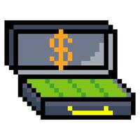 Briefcase filled with money in pixel art style vector