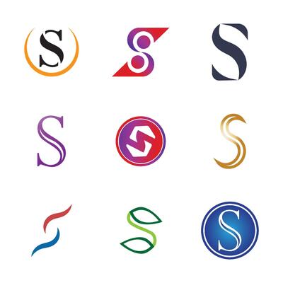 a set of six different colored logos with a white background, letter s,