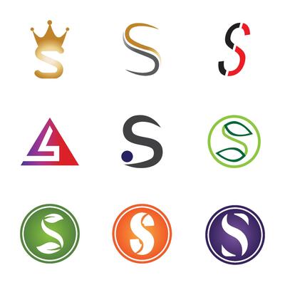 a set of six different logos with different shapes and colors, letter s,