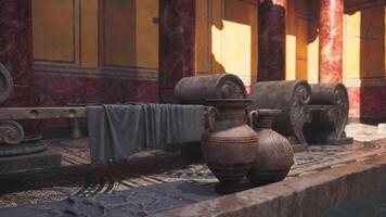 Ancient artifacts displayed in a historic hall with intricate design elements video