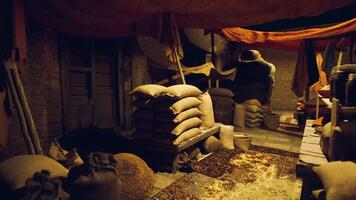 Old national African bazaar featuring sacks and vibrant textiles during the day video