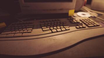 uma fechar acima Visão do uma empoeirado teclado em uma vintage escrivaninha com suave iluminação video