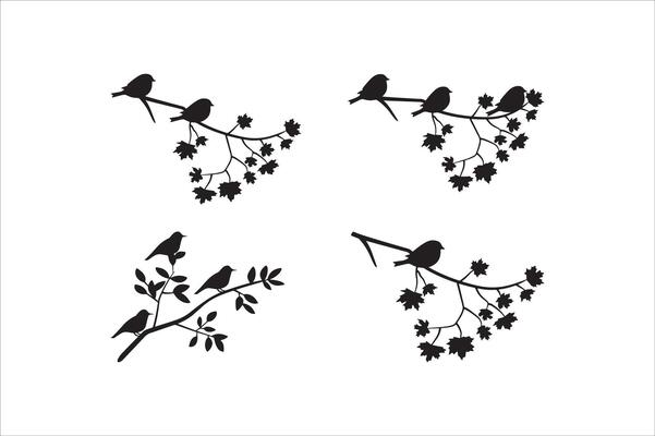 Silhouette of birds at tree branches set.