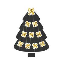 Christmas fir tree. Silhouette of Xmas tree with golden Christmas elements. Christmas tree with gold sparkle bows. Modern design for card, poster, background. Flat symbol for New Year. vector