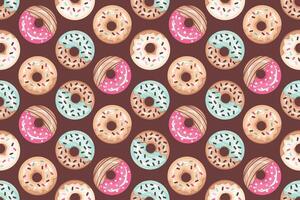 Donuts seamless pattern. Different Doughnuts with color sugar glaze, sprinkling. Tasty fried luscious rolls with pink, cream, chocolate frosting. illustration vector