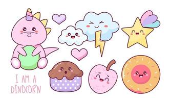 Kawaii Baby Dinosaur Unicorn with elements in pastel color style set vector