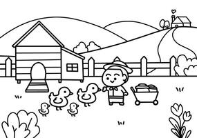 Kid with duck farm coloring pages style. vector