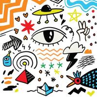 Abstract Doodle Collection with Symbols and Eye Motif, Isolated on White Background vector