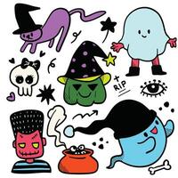 Cute Halloween Doodle Set with Ghosts and Witchy Icons, Isolated on White Background vector