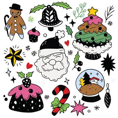 Festive Christmas Doodle Collection with Santa and Treats, Isolated on White Background