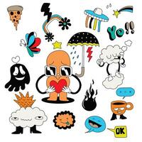 Quirky Character Doodle Collection with Fun Icons, Isolated on White Background vector