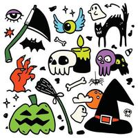 Halloween Doodle Collection with Skulls and Spooky Icons, Isolated on White Background vector