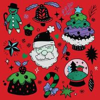 Hand Drawn Christmas Doodles with Santa and Gingerbread Isolated on Red Background vector