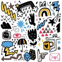 Colorful Doodle Collection with Symbols and Everyday Objects, Isolated on White Background vector