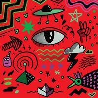 Hand Drawn Abstract Doodle Icons Isolated on Red Background vector