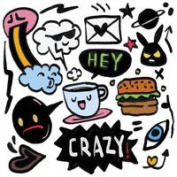Quirky Doodle Collection with Fun Expressions and Food, Isolated on White Background vector