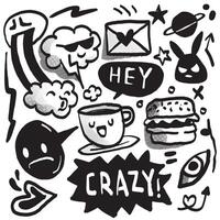 Fun Black and White Doodle Icons with Halftone Effect Isolated on White Background vector