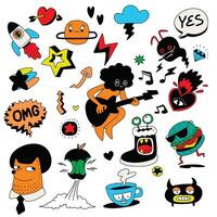 Cool Character and Music Doodle Collection, Isolated on White Background vector