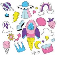 Cute Space and Symbol Doodle Collection with Rocket, Isolated on White Background vector