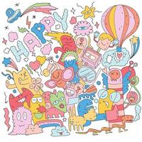 Colorful Happy Doodle Characters Isolated on White Background vector