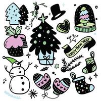 New Year and Christmas Doodle Collection with Tree and Snowman, Isolated on White Background vector