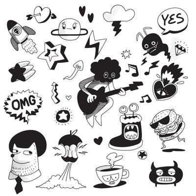 Hand Drawn Funky Doodle Icons with Halftone Effect Isolated on White Background