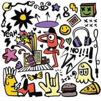 Energetic Doodle Collection with Fun Characters and Icons, Isolated on White Background vector