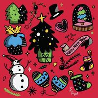Hand Drawn Christmas and New Year Doodles Isolated on Red Background vector