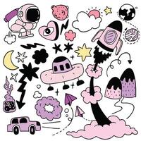 Space Adventure Doodle Collection with Astronaut and UFO, Isolated on White Background vector