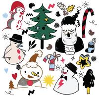 Christmas Doodle Collection with Snowmen and Tree, Isolated on White Background vector