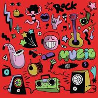 Hand Drawn Music and Pop Art Doodle Icons Isolated on Red Background vector