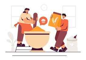 Rustic Bakery Illustration with Flour Sacks, Windmill, and Fresh Bread in a Flat Style Background vector