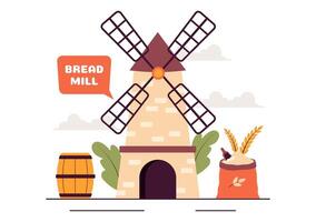 Wheat Harvest and Bakery Mill Illustration with Breads and Windmill in a Flat Cartoon Design vector