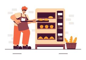 Windmill and Bakery Scene Illustration with Grain Sacks, Breads, and Wheat in a Flat Cartoon Style vector