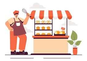 Bread Factory Illustration Featuring a Windmill, Wheat, and Assorted Pastries in a Cartoon Style vector
