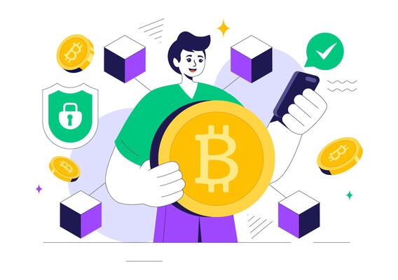 Modern Blockchain Tech Illustration with Artificial Intelligence and Crypto Symbols