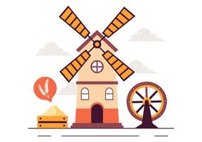 Bakery Mill Scene Illustration with Flour, Windmill, and Loaves of Bread in Flat Style vector