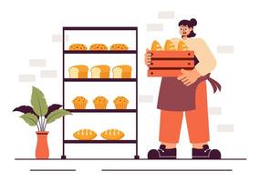 Bakery and Windmill Illustration with Wheat Grain, Baked Breads, and Cartoon Style Background vector