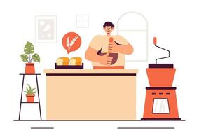 Windmill Bakery Illustration with Wheat Sacks, Bread Loaves, and Pastry Products in a Flat Cartoon Style vector