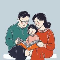 Father and mother read a storybook together with their daughter. vector