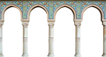A photograph of arches and columns with Islamic geometric patterns png