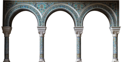 A photograph of arches and columns in the style of Islamic architecture, with Arabic mosaic tiles on the walls png