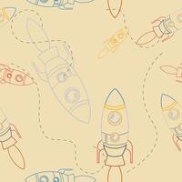 Editable Outline Style Rocket on Space Vectorized Illustration in Various Colors with Dashed Lines as Seamless Pattern for Creating Background of Astronomy or Kids Art Related Design vector