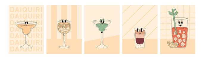 Set groovy characters cocktails with emotion. Retro summer posters with popular alcoholic beverage and empty space. Vintage illustration vector