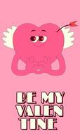Vertical stories template with lovely heart character with wings in retro groovy style. Social media post with psychedelic mascot. Be my Valentine. poster vector