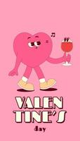 Vertical stories template with funny walking heart character with wine in retro groovy style. Social media post with psychedelic mascot. Happy Valentines Day. poster vector