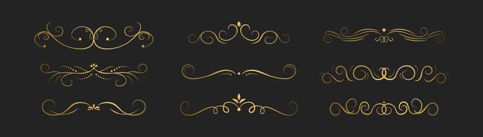 Set of gold decorative swirls divider. Collection of calligraphic objects for wedding invitation, greeting card, book divider, certificate design. vintage border elements on black background vector