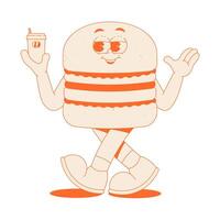 Funky burger character with drink in trendy retro groovy style. Psychedelic walking fast food mascot with face, hands and legs. sticker in monochrome palette vector