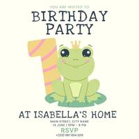 Greeting and invitation for kids first Birthday party. Cute baby frog and one in flat childrens style. illustration, design for card, poster, event, prints. Pastel colors vector